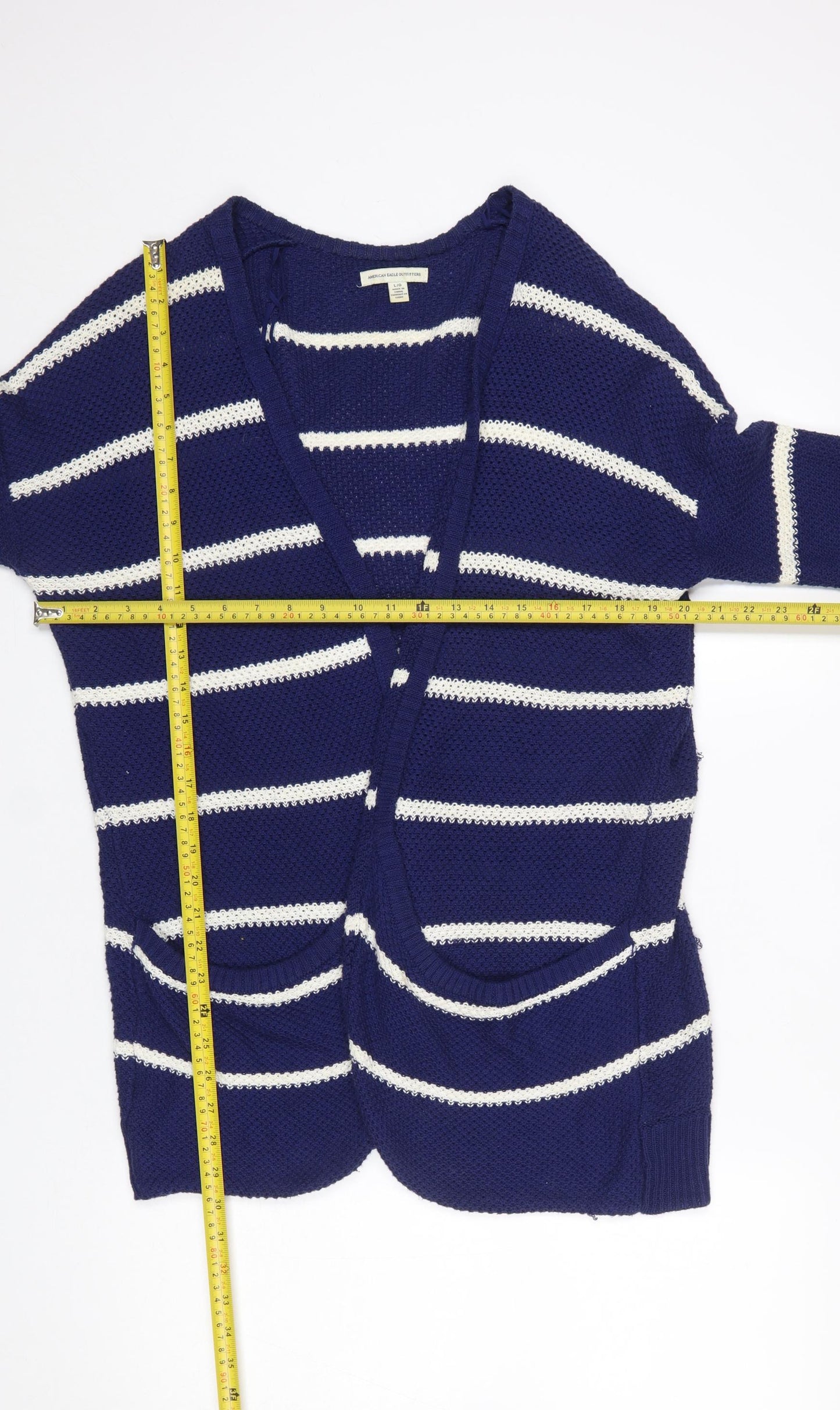 American Eagle Outfitters Women's Blue Striped Cardigan L V-Neck Knit
