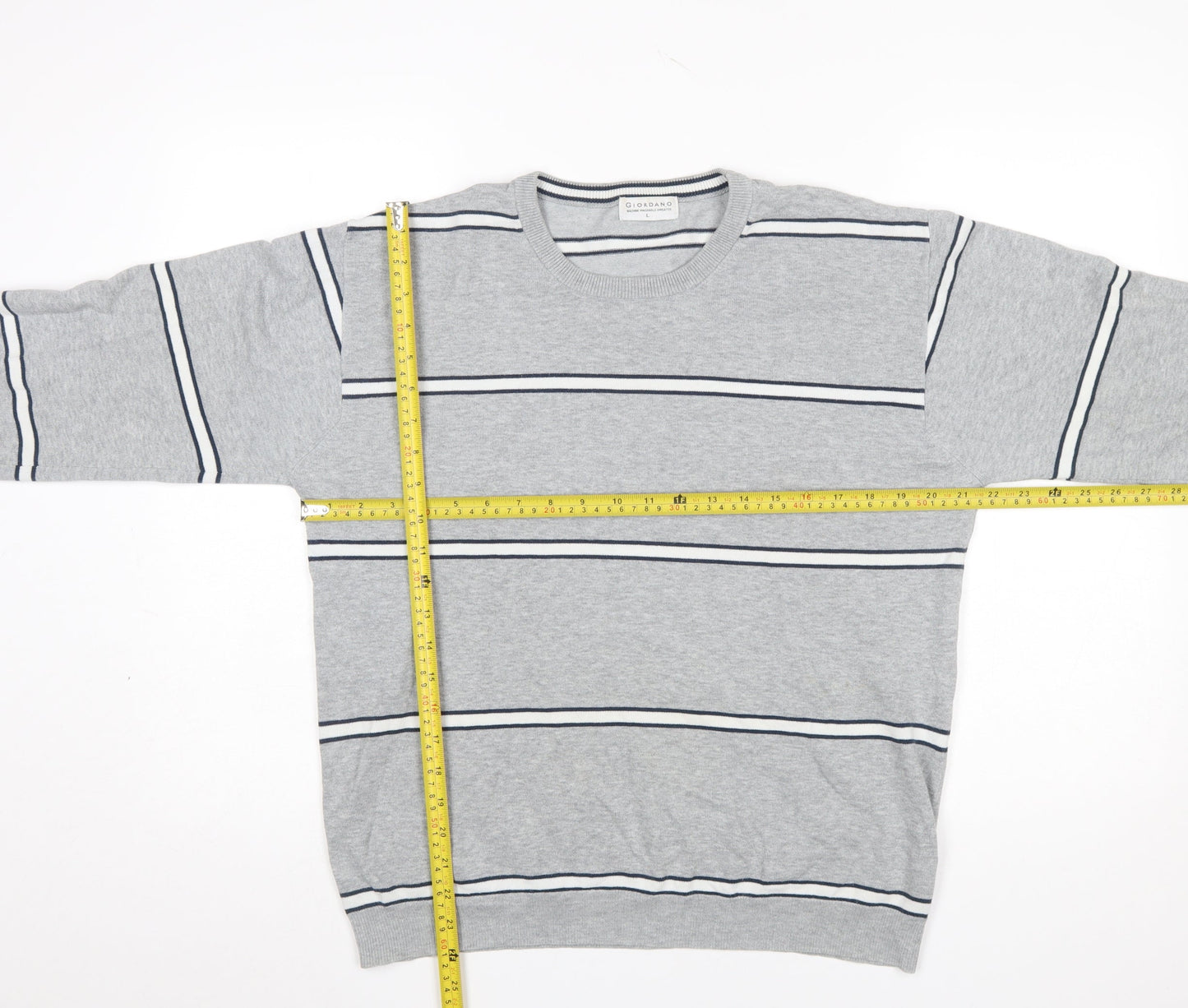 Giordano Men's Grey Striped Cotton Knit Jumper L