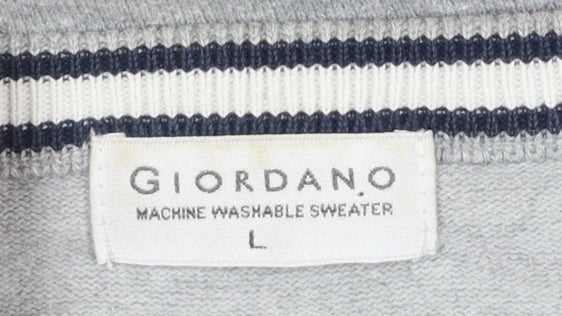 Giordano Men's Grey Striped Cotton Knit Jumper L