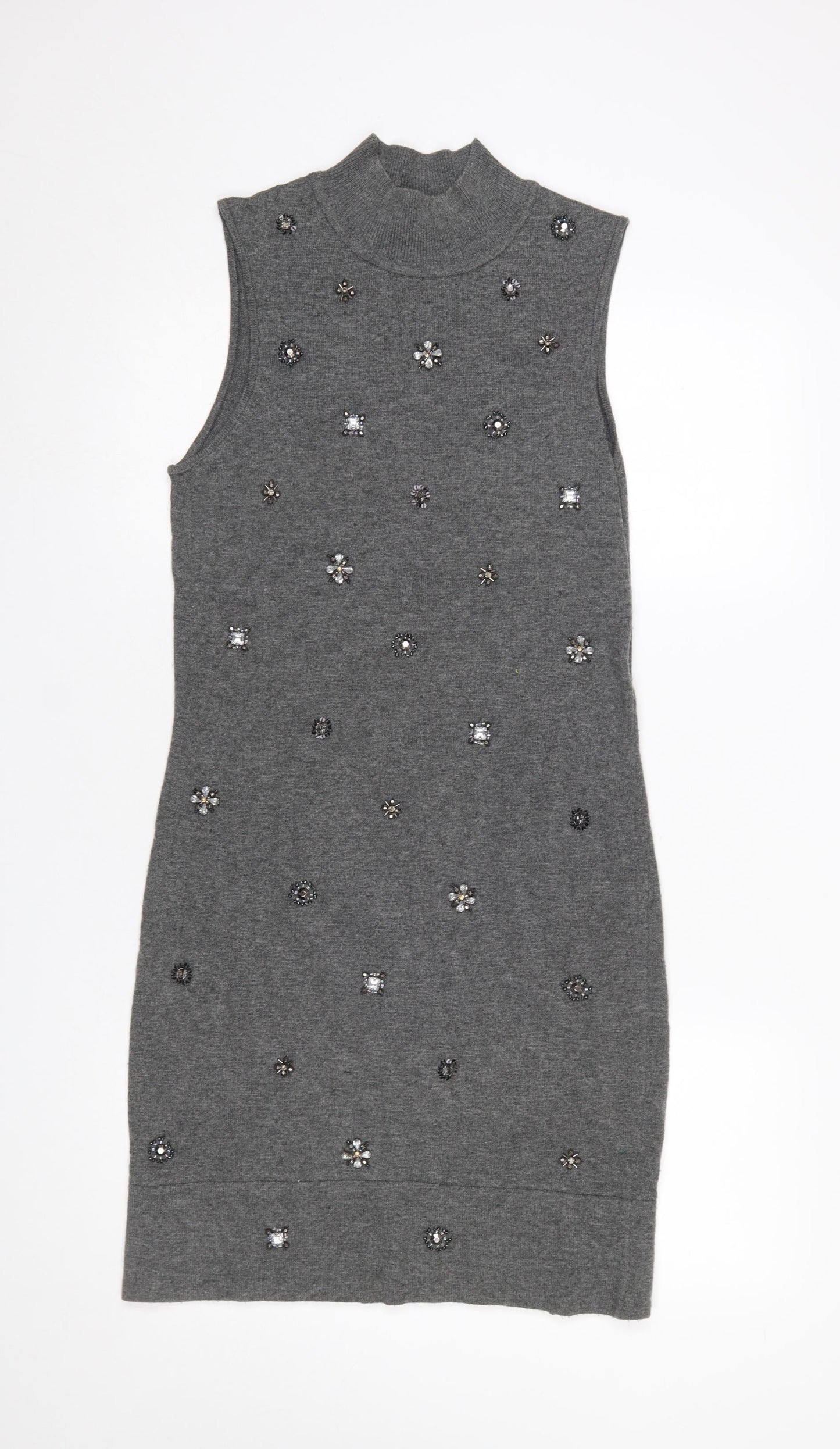 Warehouse Women Grey UK 12 Sleeveless Embellished Knit Mini Dress