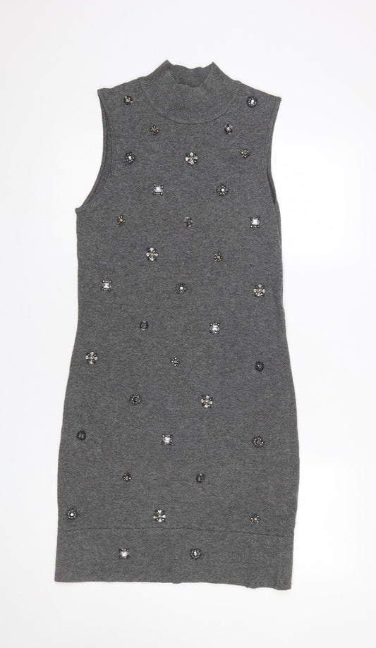 Warehouse Women Grey UK 12 Sleeveless Embellished Knit Mini Dress