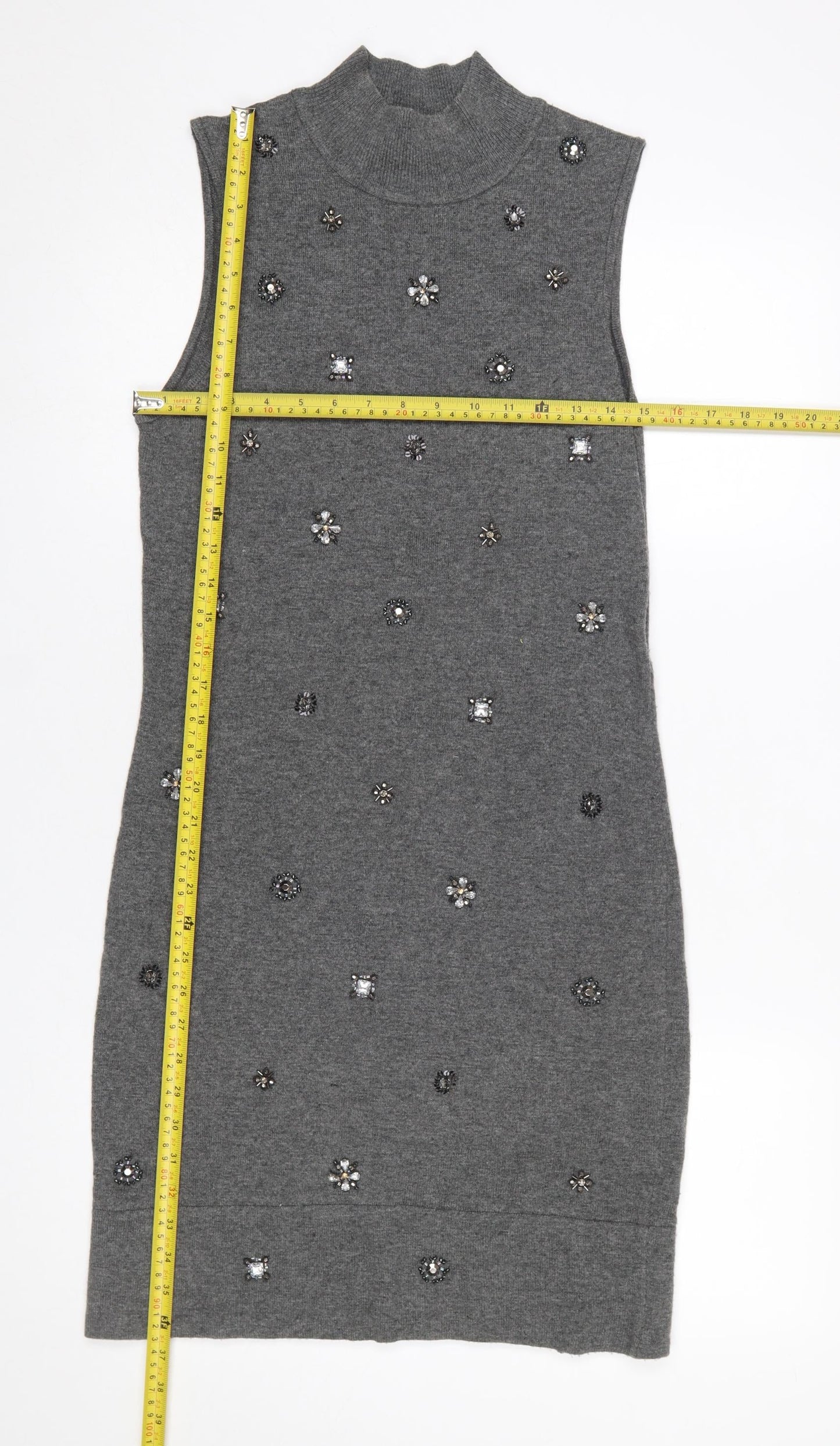 Warehouse Women Grey UK 12 Sleeveless Embellished Knit Mini Dress
