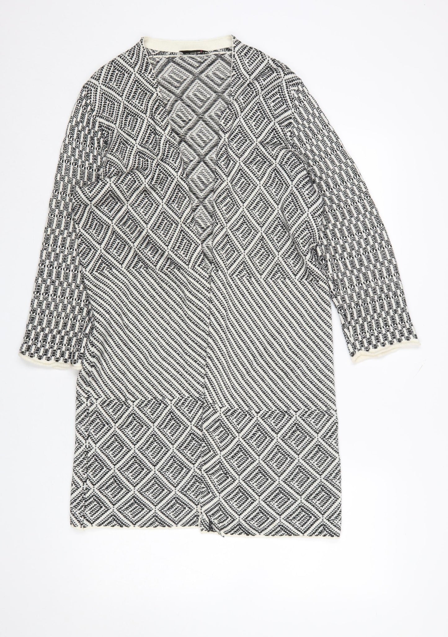 Looxent Womens Black White Geometric Knit Longline Cardigan Size 12