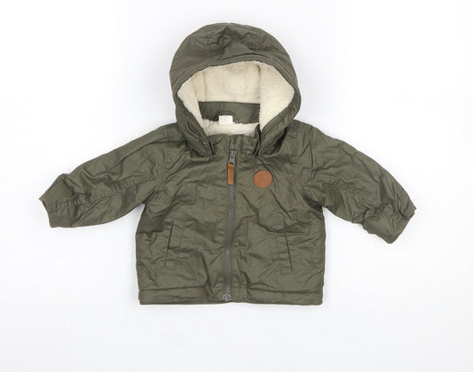 H&M Unisex Baby Green Hooded Puffer Jacket 6 Months Lined Winter Coat