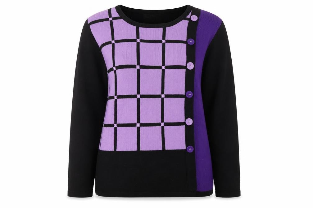 Mudflower Women’s Purple Black Check Knit Jumper M Crew Neck