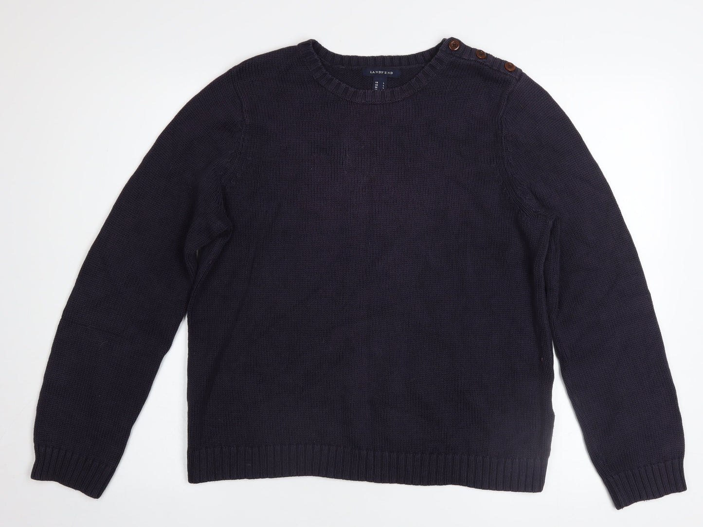 Lands' End Men’s Blue Cotton Crew Neck Button Pullover Jumper L