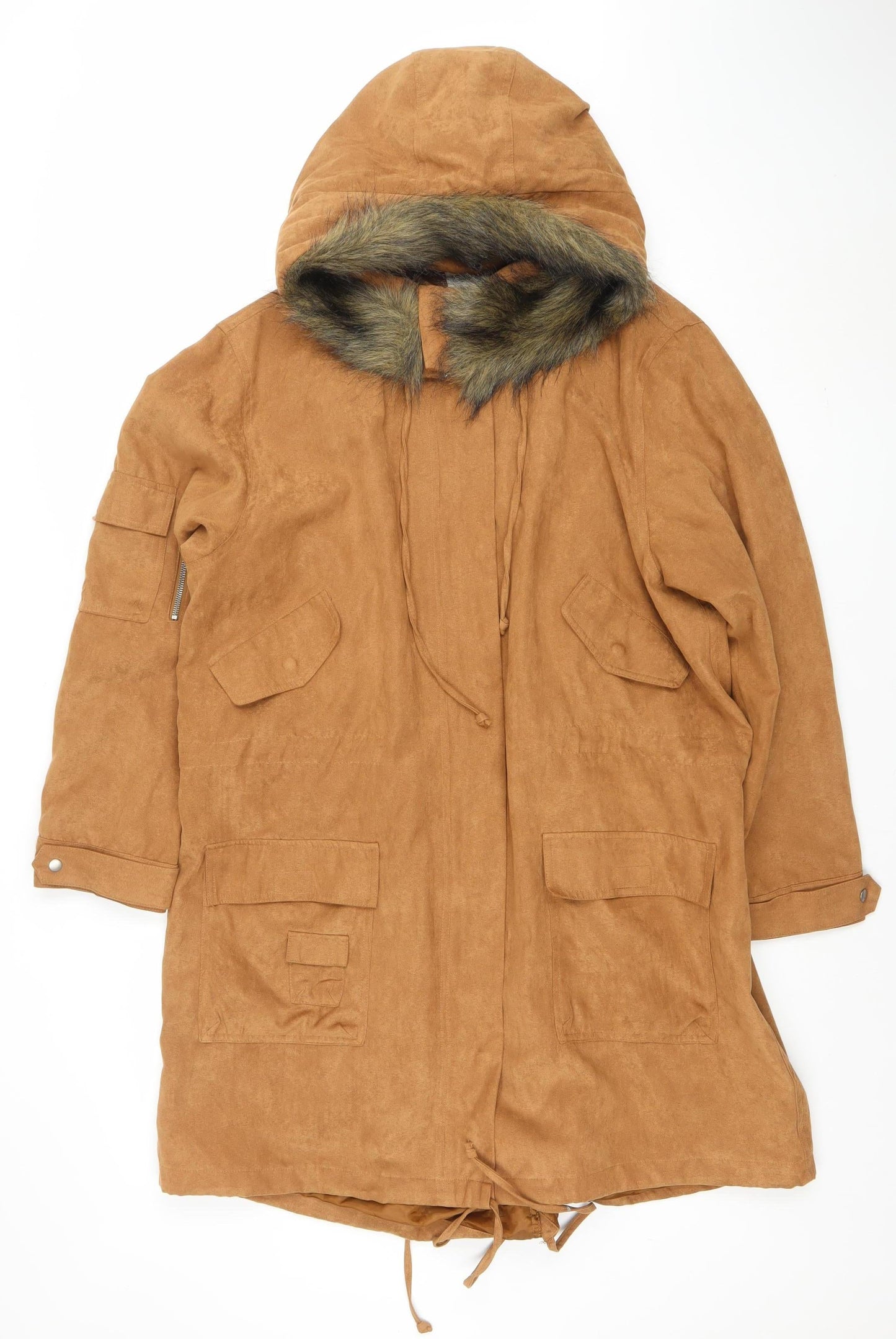 Togener Womens Brown Faux Suede Hooded Parka Coat Size 18