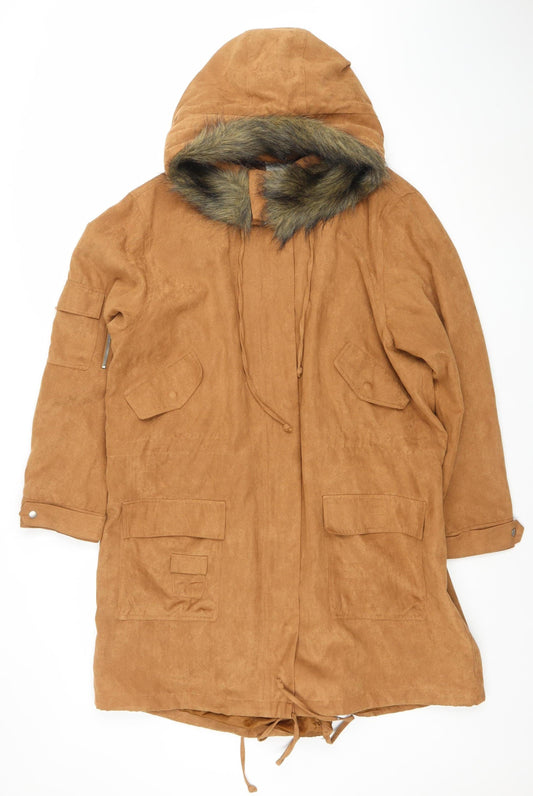 Togener Womens Brown Faux Suede Hooded Parka Coat Size 18