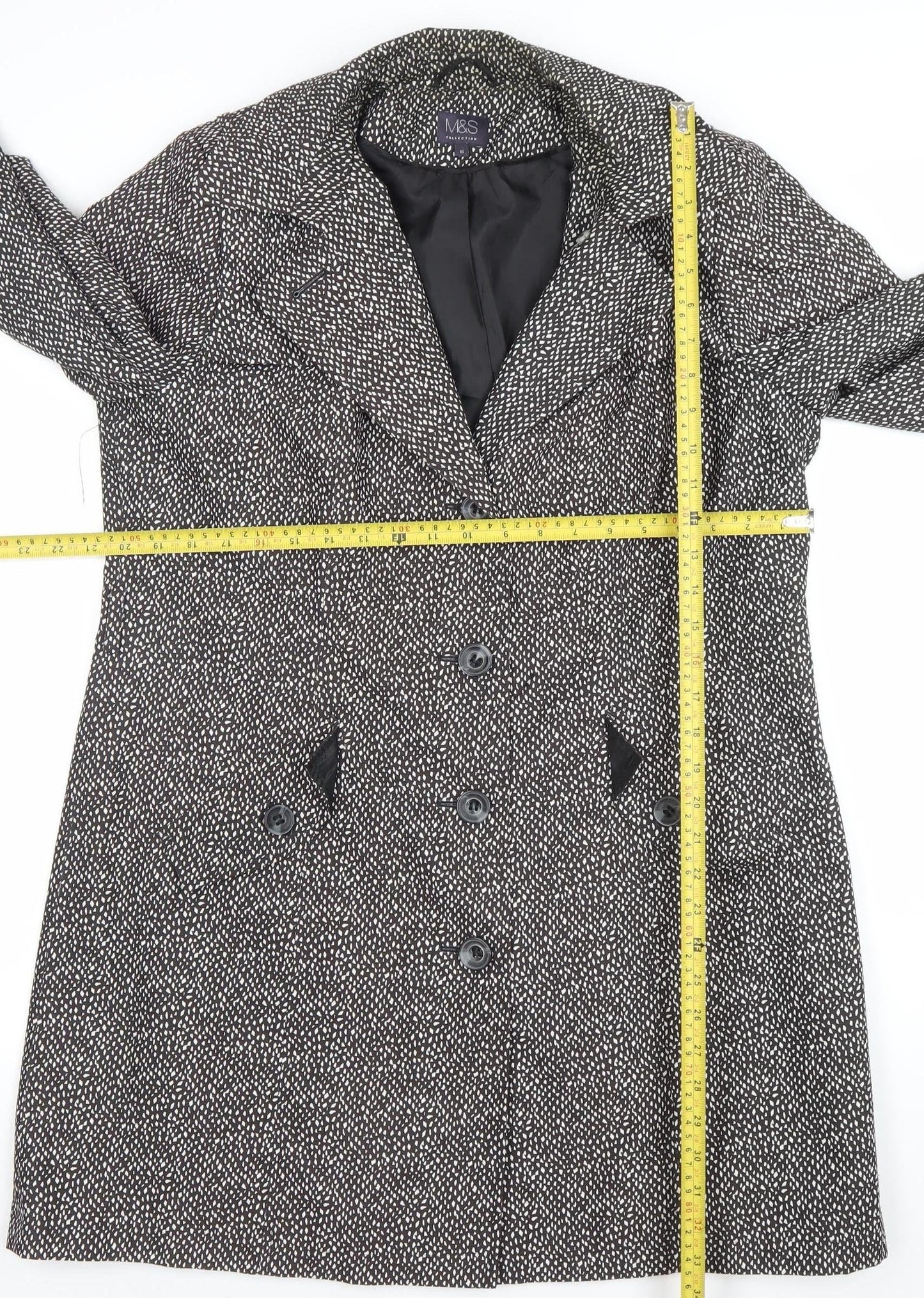 Marks and Spencer Womens Black Geometric Long Overcoat Size 16
