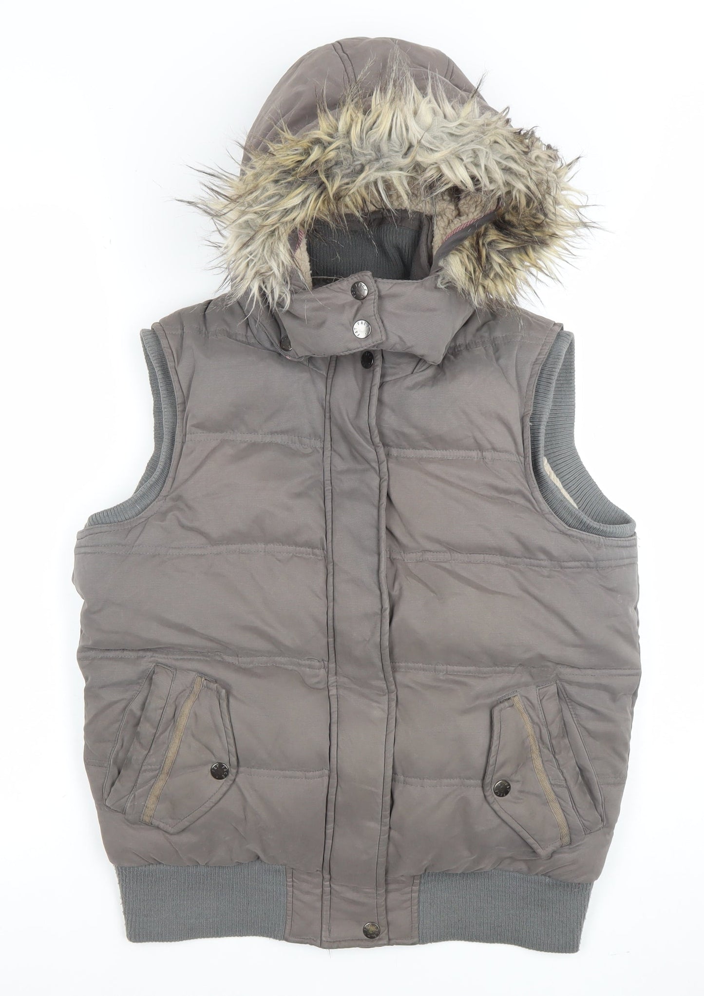 Fat Face Women Brown Size 10 Hooded Faux Fur Puffer Gilet