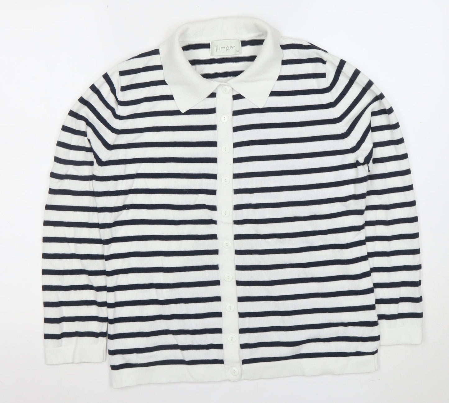 Jumper Womens White Black Striped Collared Cotton Button Cardigan M