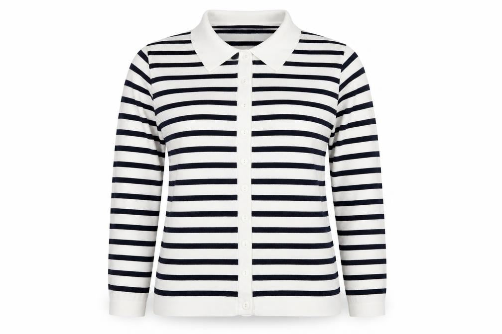 Jumper Womens White Black Striped Collared Cotton Button Cardigan M