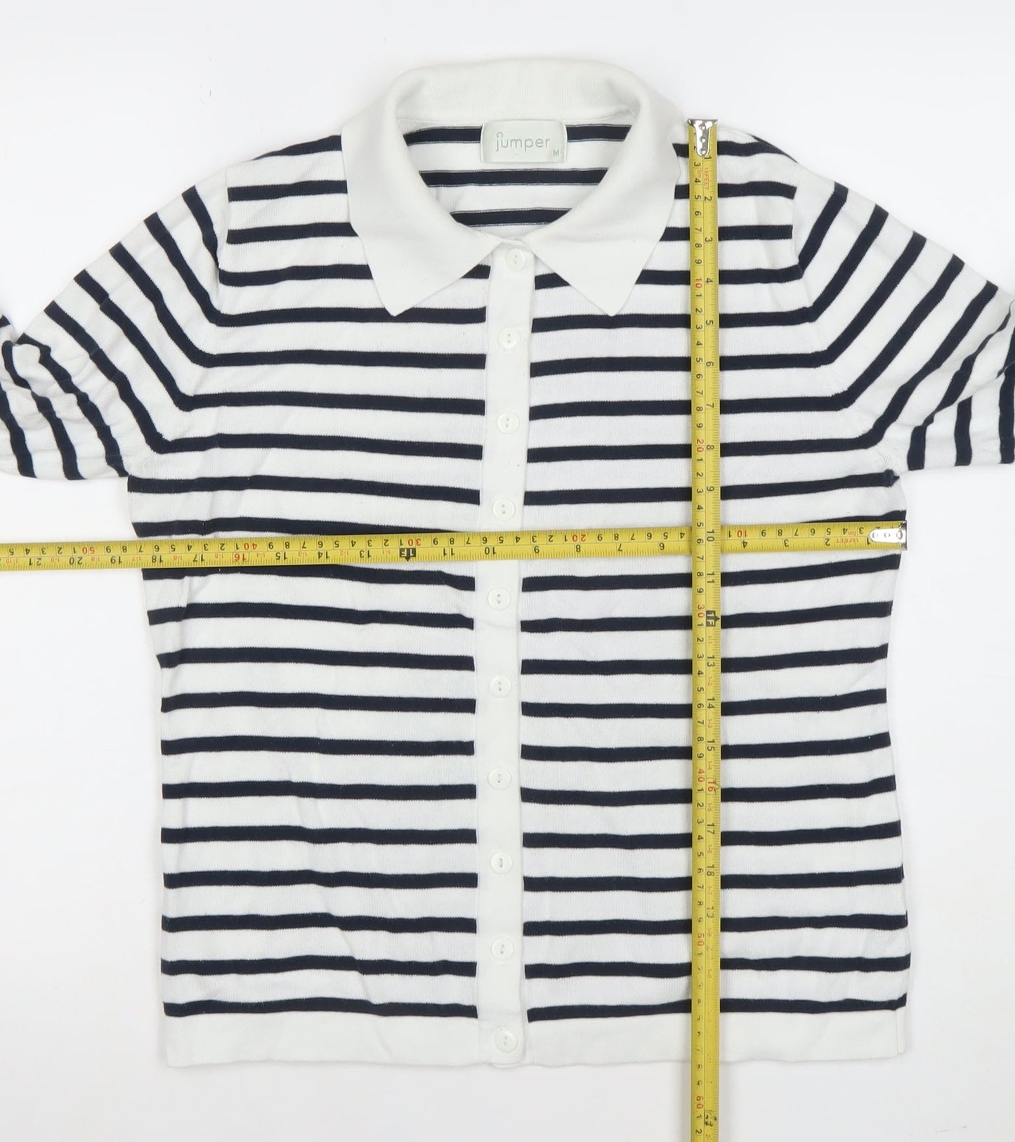 Jumper Womens White Black Striped Collared Cotton Button Cardigan M