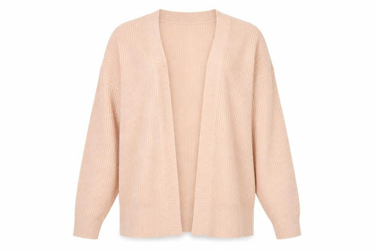 Front view of Papaya Women’s Beige Knit Cardigan, size M, Long Sleeve Acrylic
