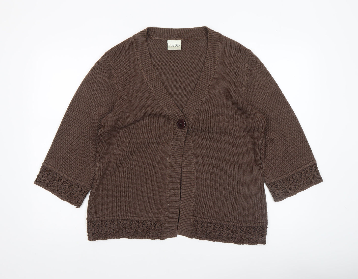 Eastex Women's Brown V-Neck Crochet Trim 3/4 Sleeve Cardigan Size 14