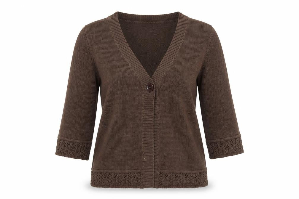 Eastex Women's Brown V-Neck Crochet Trim 3/4 Sleeve Cardigan Size 14