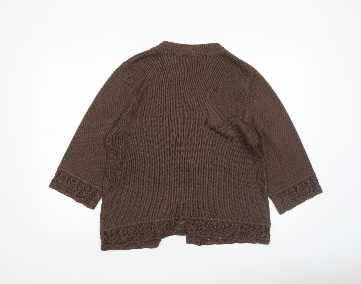 Eastex Women's Brown V-Neck Crochet Trim 3/4 Sleeve Cardigan Size 14