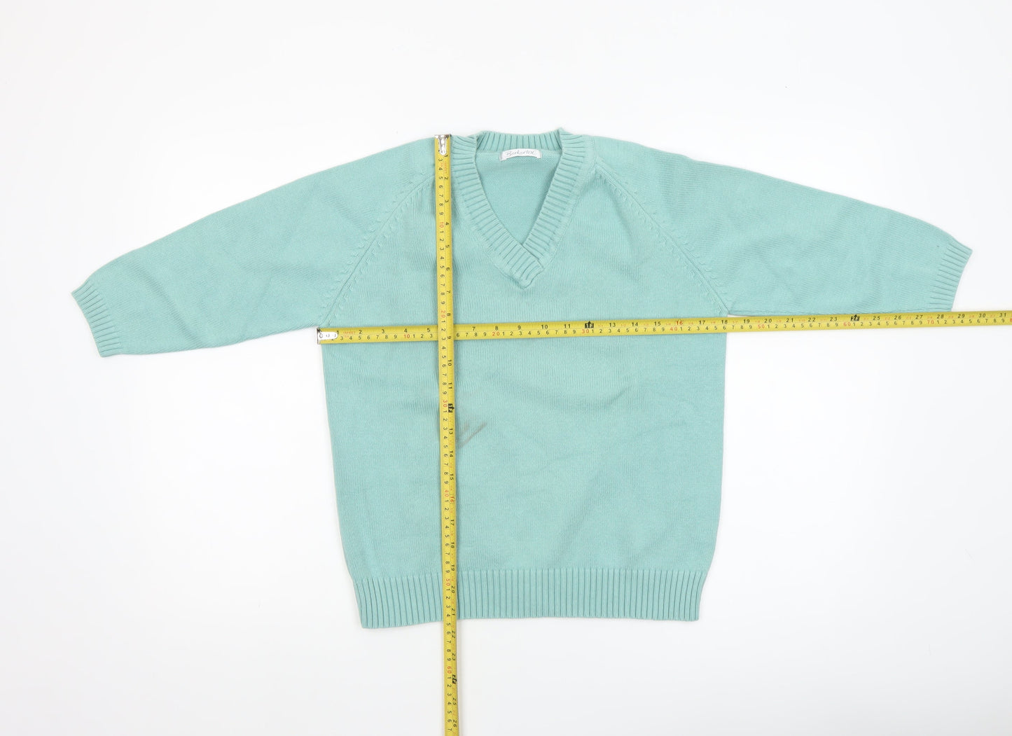 Berkertex Women's Mint Green V-Neck Cotton Blend Jumper Size 10-12