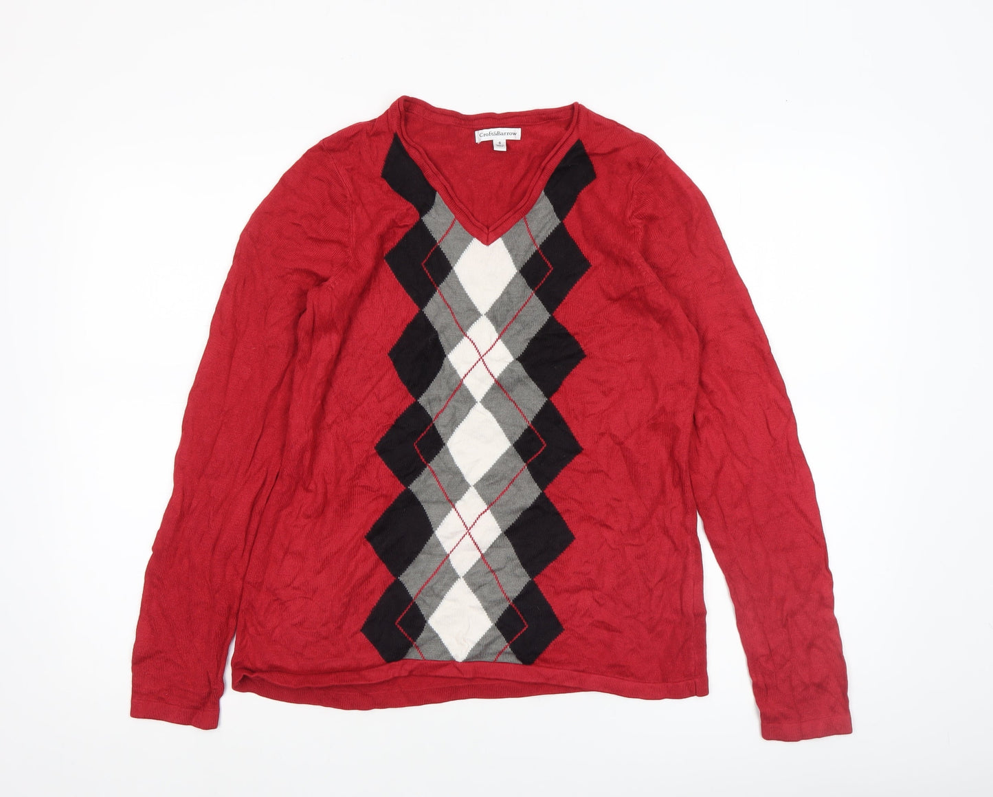 Croft & Barrow Women's Red Argyle V-Neck Cotton Jumper Size S