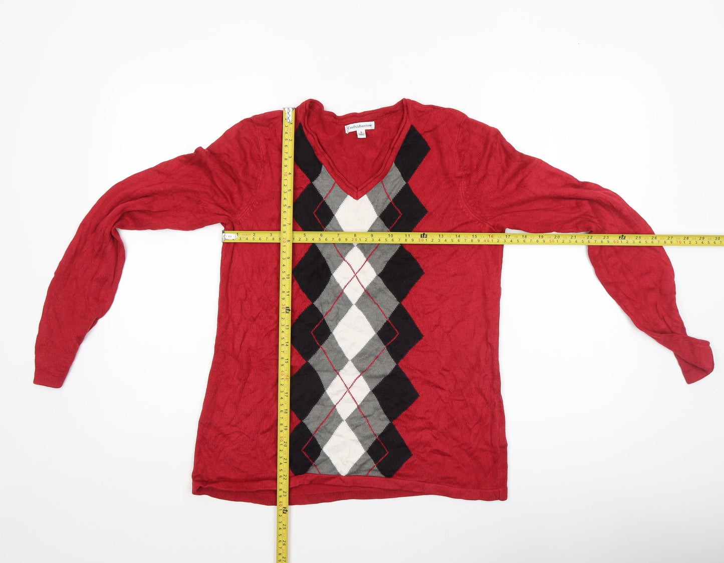 Croft & Barrow Women's Red Argyle V-Neck Cotton Jumper Size S