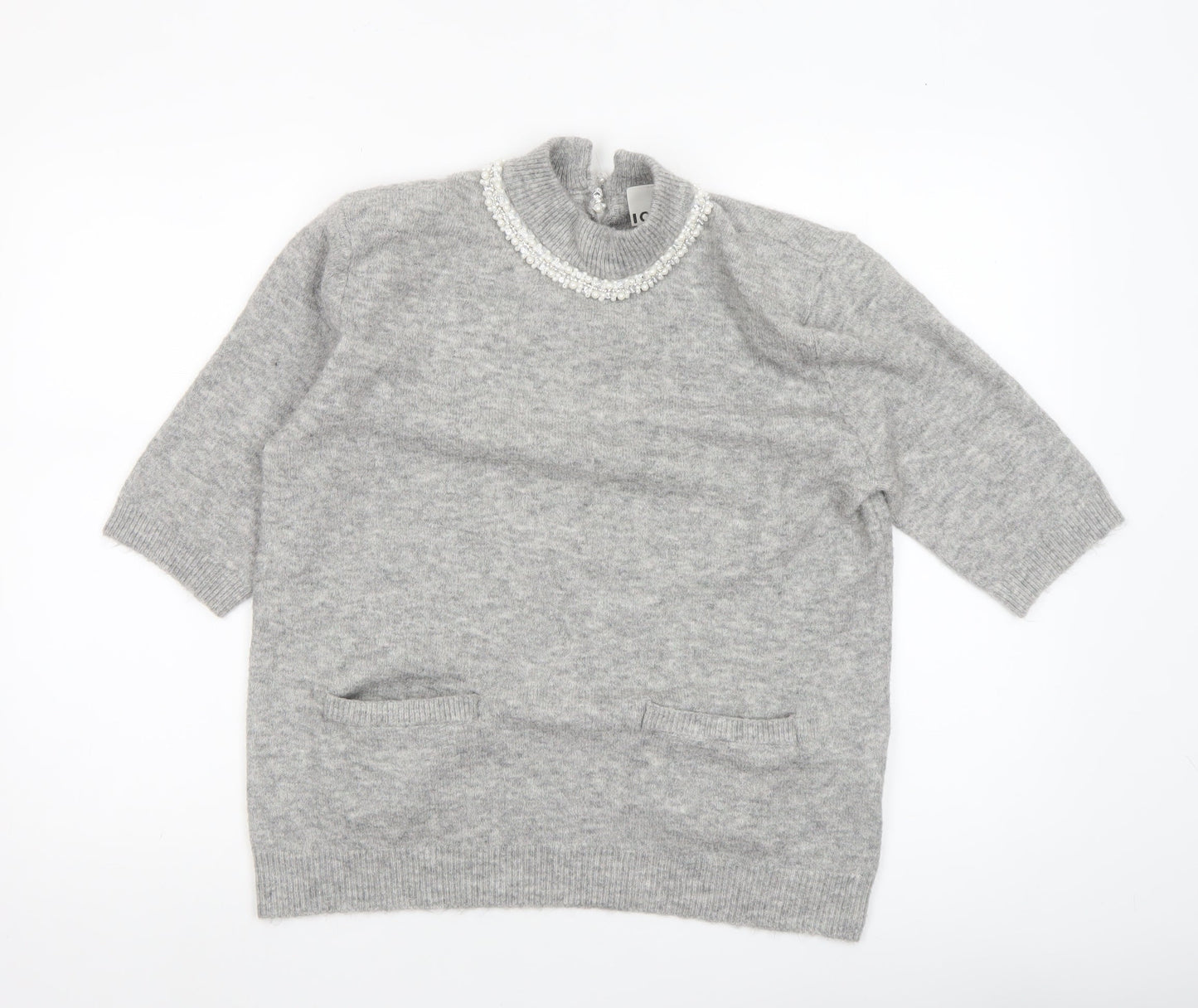ICHI Women's Grey Beaded High Neck 3/4 Sleeve Knit Jumper Size L