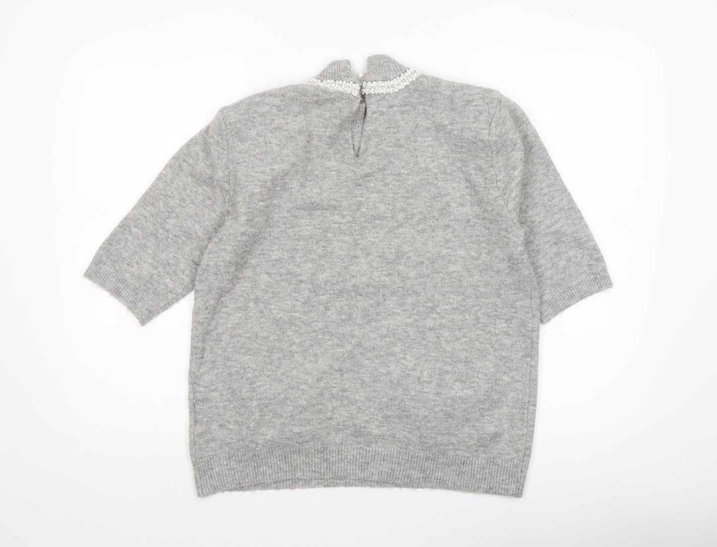 ICHI Women's Grey Beaded High Neck 3/4 Sleeve Knit Jumper Size L