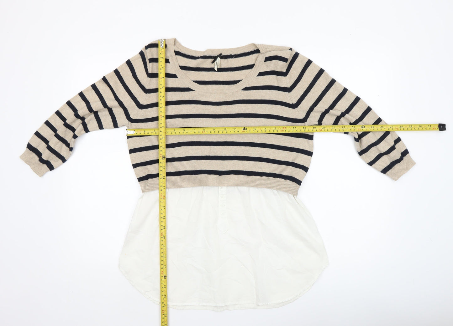 Nouveau Edit Women Beige Striped Scoop Neck Tunic Jumper UK 14