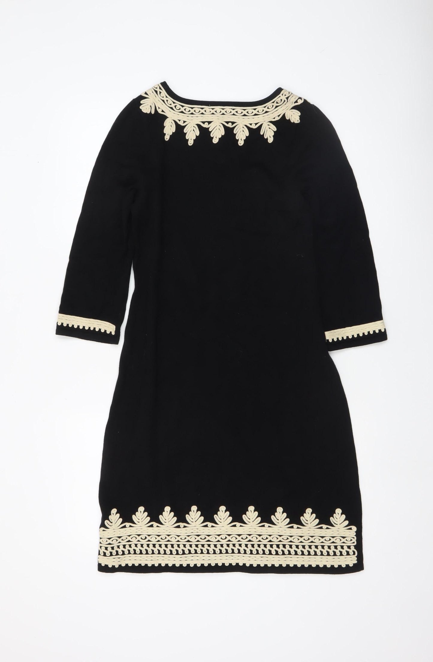 Monsoon Women's Black Embroidered Shift Dress Size S 3/4 Sleeve Cotton