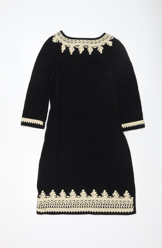 Monsoon Women's Black Embroidered Shift Dress Size S 3/4 Sleeve Cotton