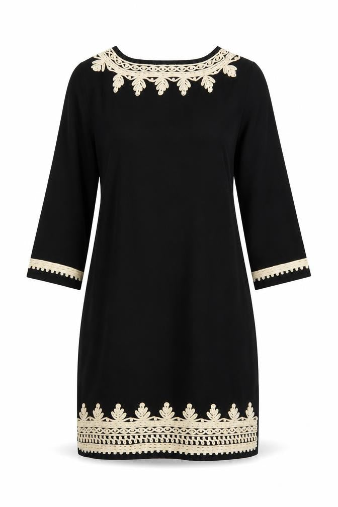 Monsoon Women's Black Embroidered Shift Dress Size S 3/4 Sleeve Cotton