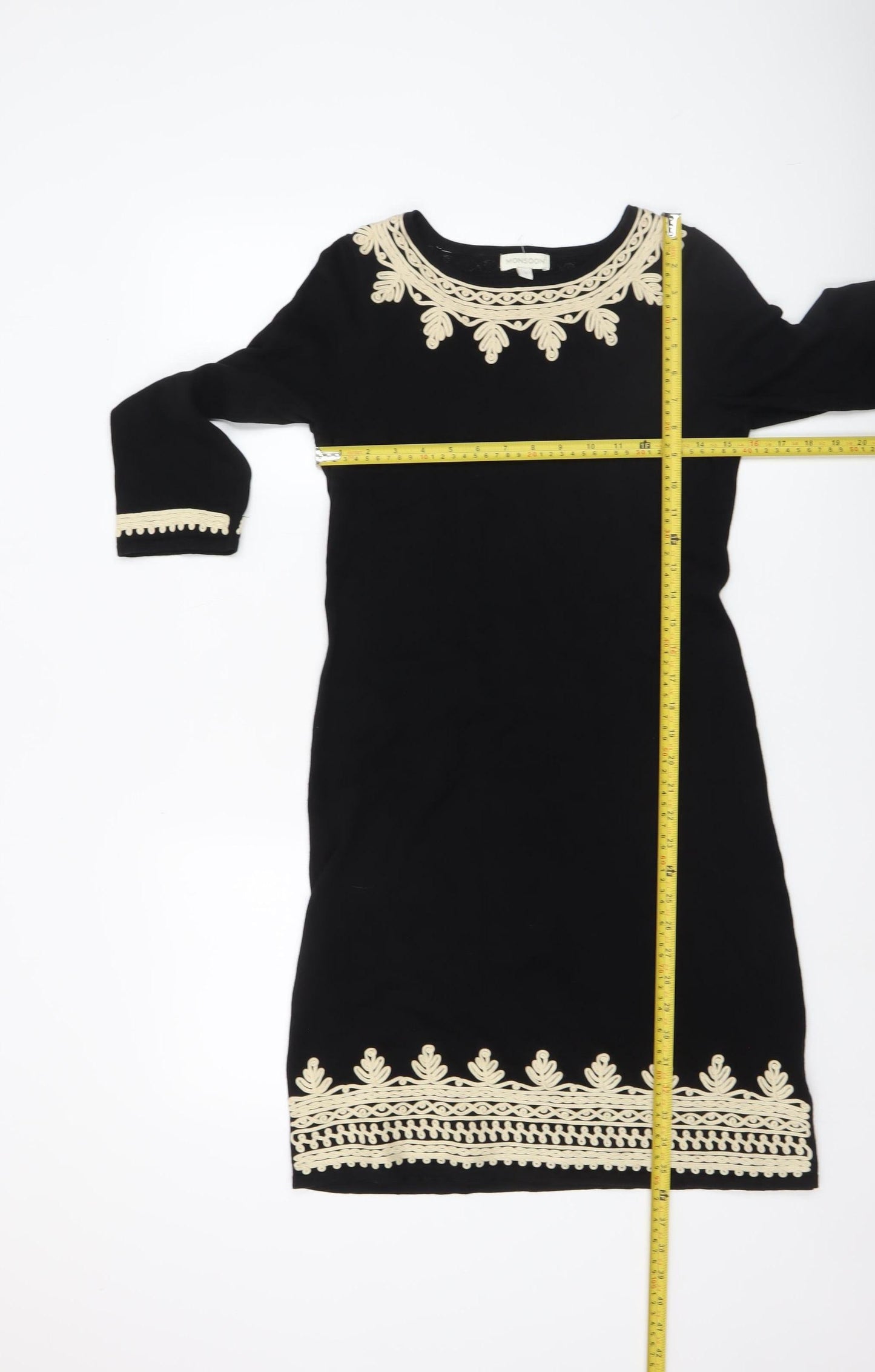 Monsoon Women's Black Embroidered Shift Dress Size S 3/4 Sleeve Cotton