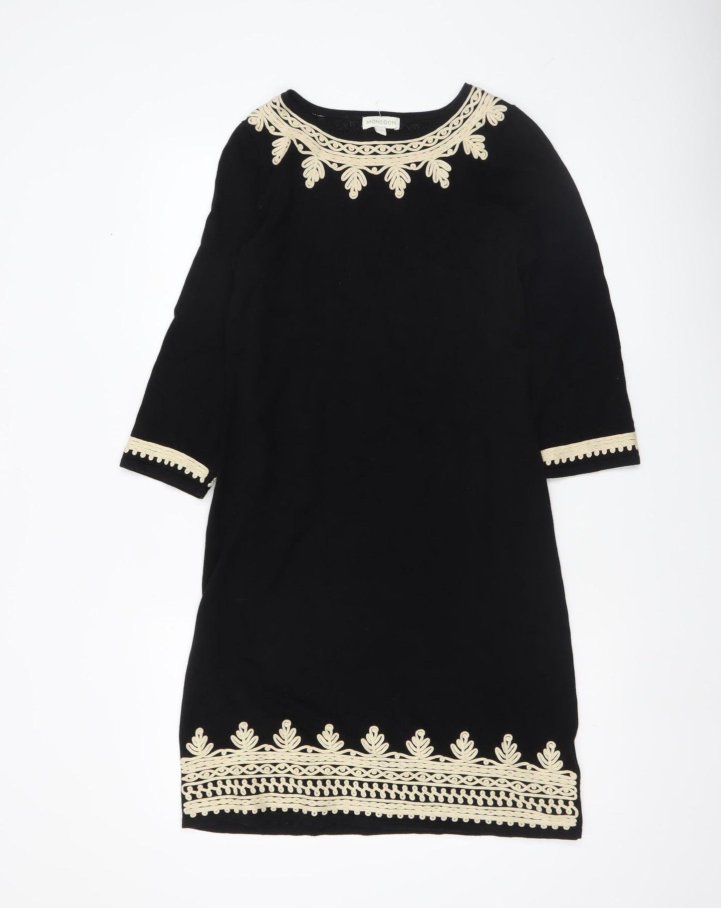 Monsoon Women's Black Embroidered Shift Dress Size S 3/4 Sleeve Cotton
