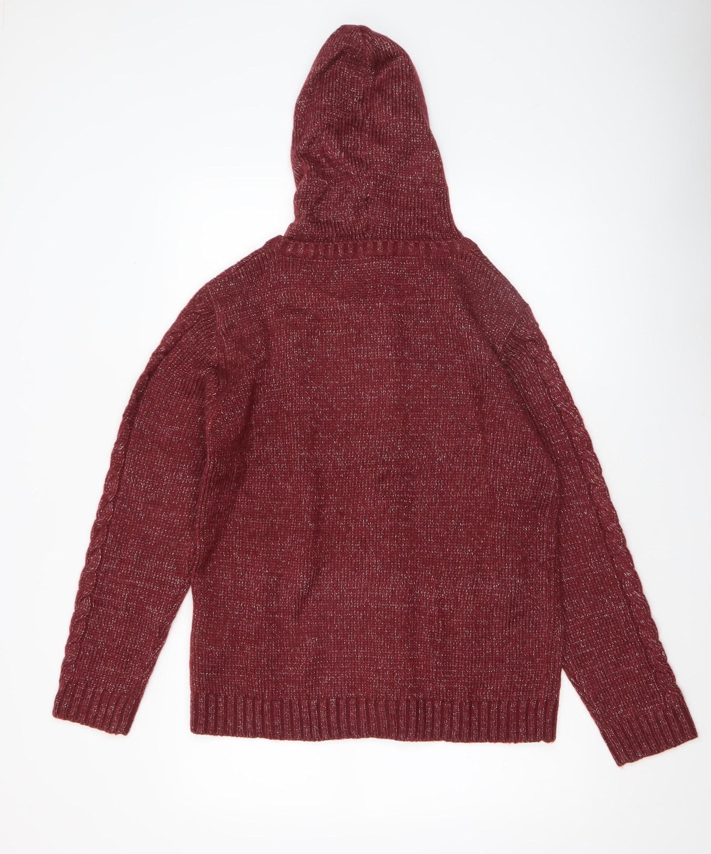 Damart Women’s Red Hooded Full Zip Cable-Knit Jumper Size 10