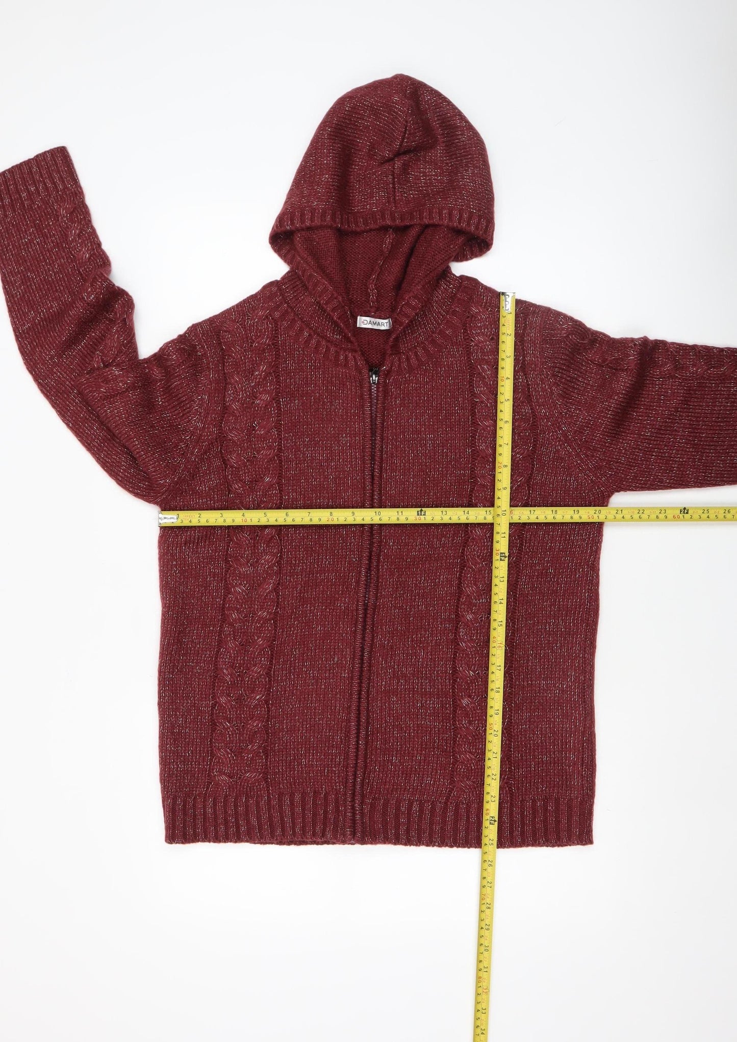 Damart Women’s Red Hooded Full Zip Cable-Knit Jumper Size 10
