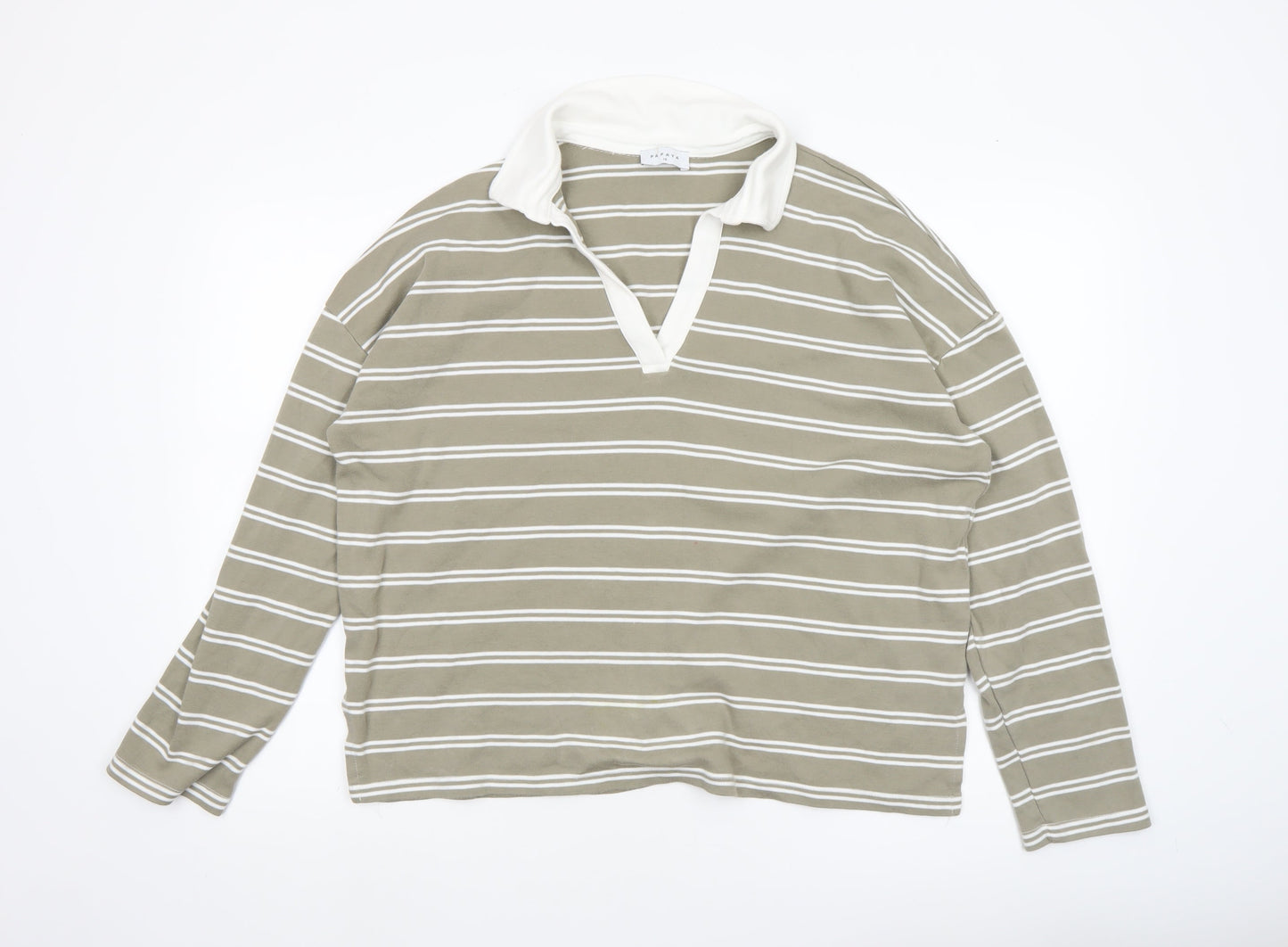 Papaya Women’s Beige Striped Collared Long Sleeve Cotton Top Size 14