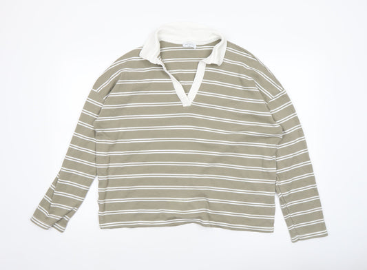 Papaya Women’s Beige Striped Collared Long Sleeve Cotton Top Size 14