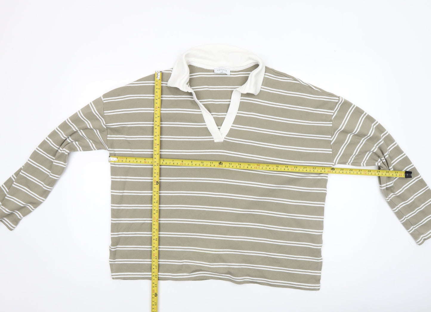 Papaya Women’s Beige Striped Collared Long Sleeve Cotton Top Size 14