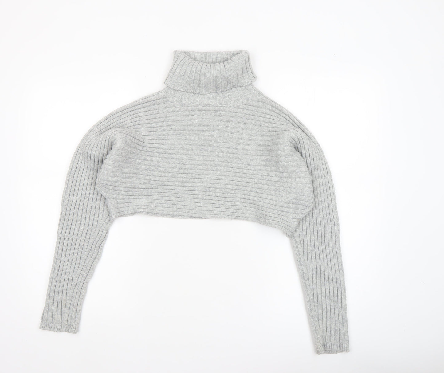 New Look Women Grey Roll Neck Rib Knit Cropped Jumper Size M