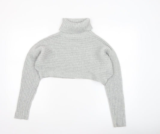 New Look Women Grey Roll Neck Rib Knit Cropped Jumper Size M