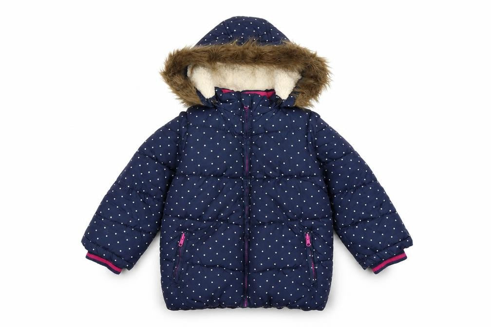 John Lewis Girls Blue Polka Dot Hooded Puffer Coat 5 Years Faux Fur Trim
