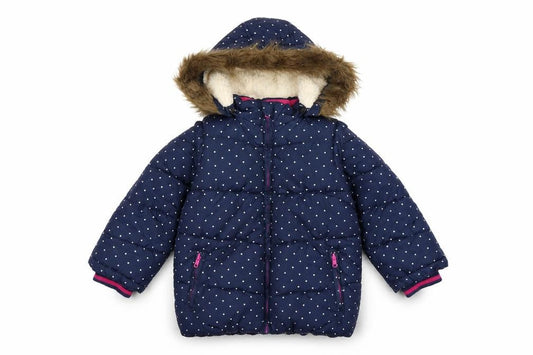 Front view of John Lewis girls’ blue polka dot hooded puffer coat 5 years faux fur trim