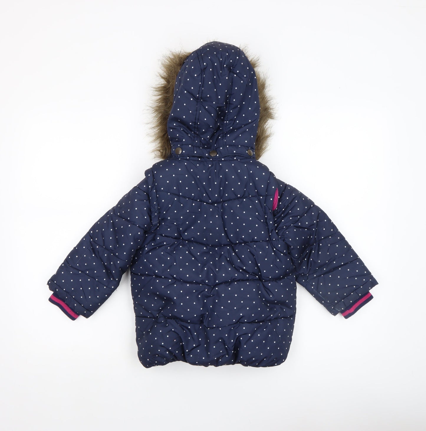 John Lewis Girls Blue Polka Dot Hooded Puffer Coat 5 Years Faux Fur Trim