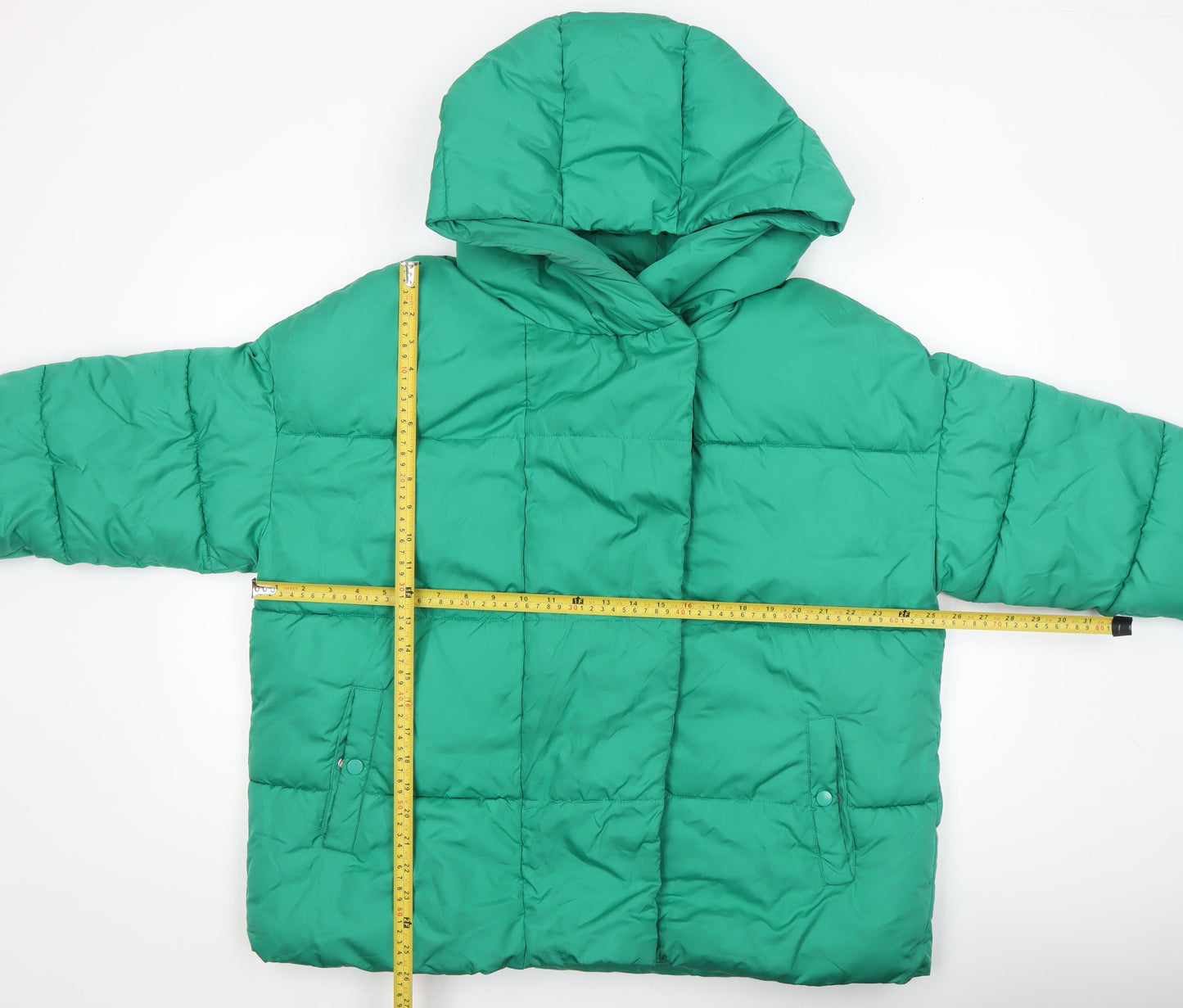 Primark Women Green L Puffer Jacket Hooded Mid-Length Winter Coat