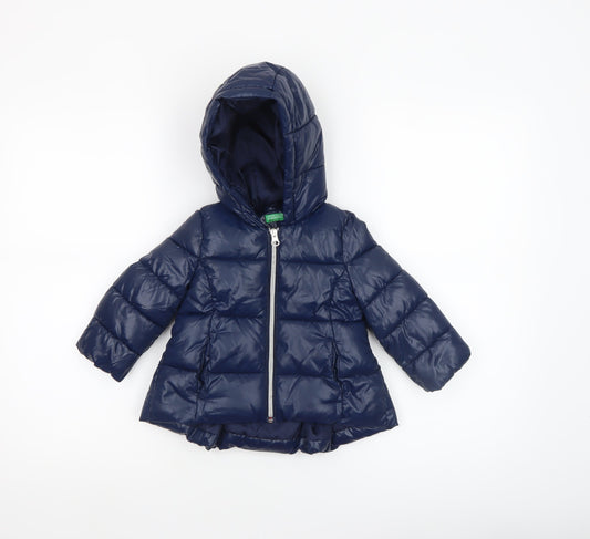 United Colors of Benetton Navy Blue Unisex Baby Puffer Jacket 12-18M Hooded Winter Coat