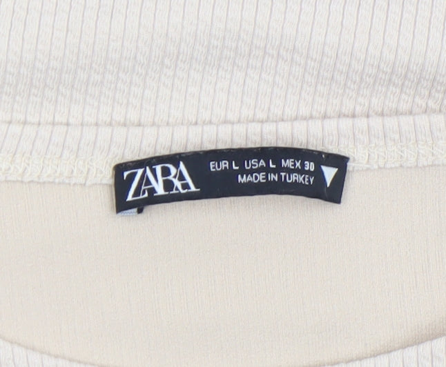 Zara Women's Beige Long Sleeve Cropped Ribbed T-Shirt Size L