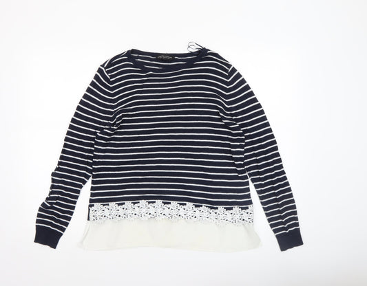 Dorothy Perkins Women's Blue Striped Lace Hem Jumper Size 14