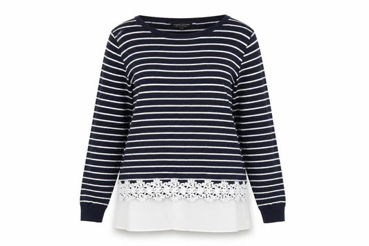 Dorothy Perkins Women's Blue Striped Lace Hem Jumper Size 14