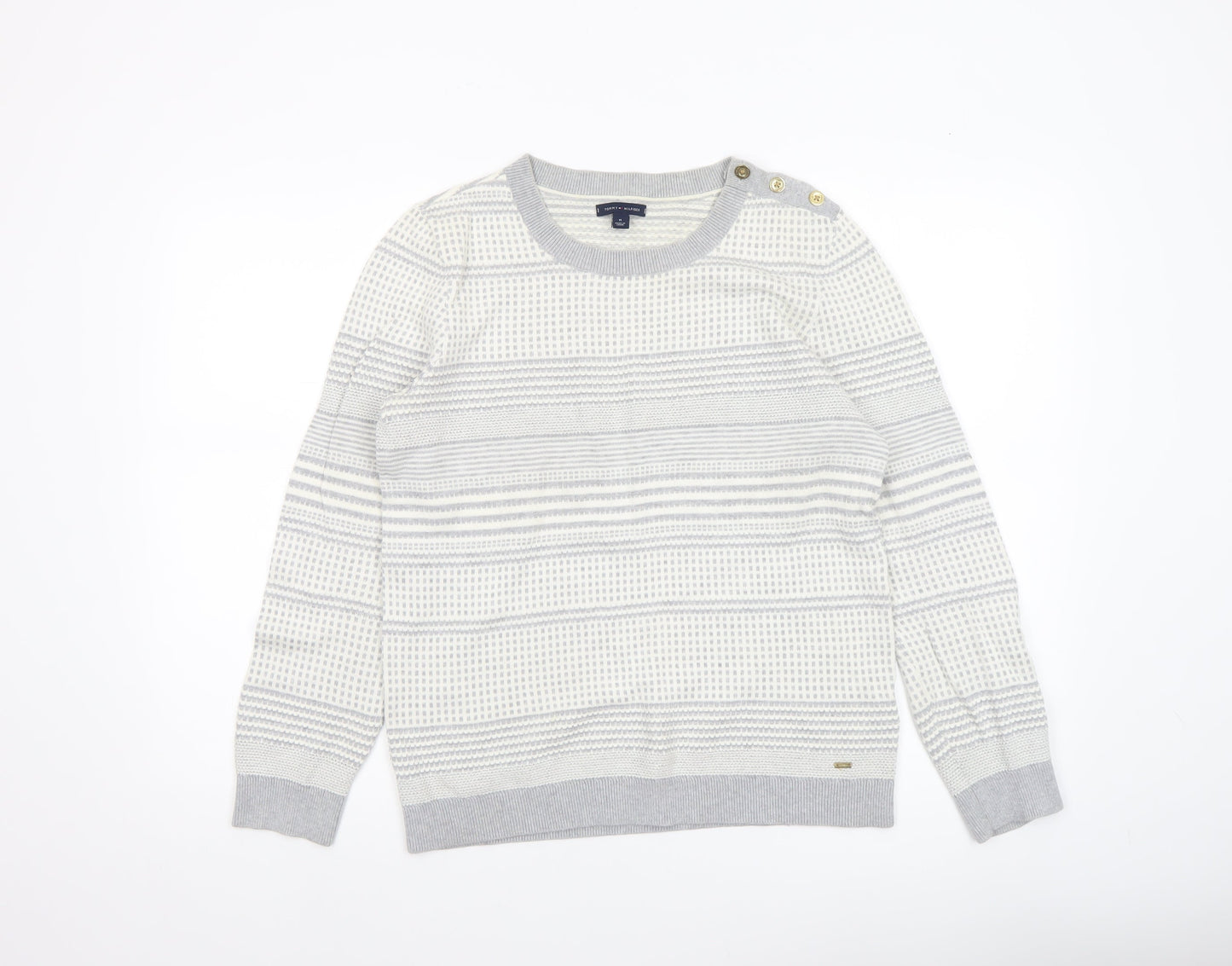 Tommy Hilfiger Women’s Grey Striped Cotton Knit Jumper M Crew Neck