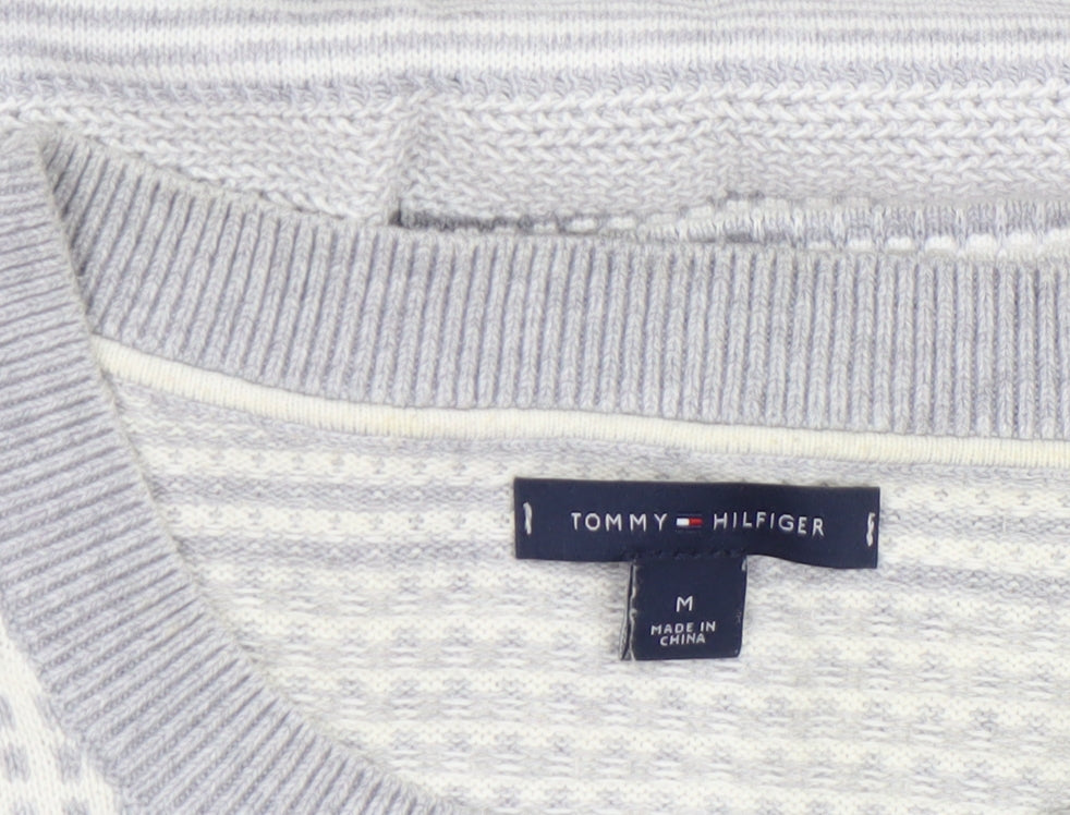 Tommy Hilfiger Women’s Grey Striped Cotton Knit Jumper M Crew Neck