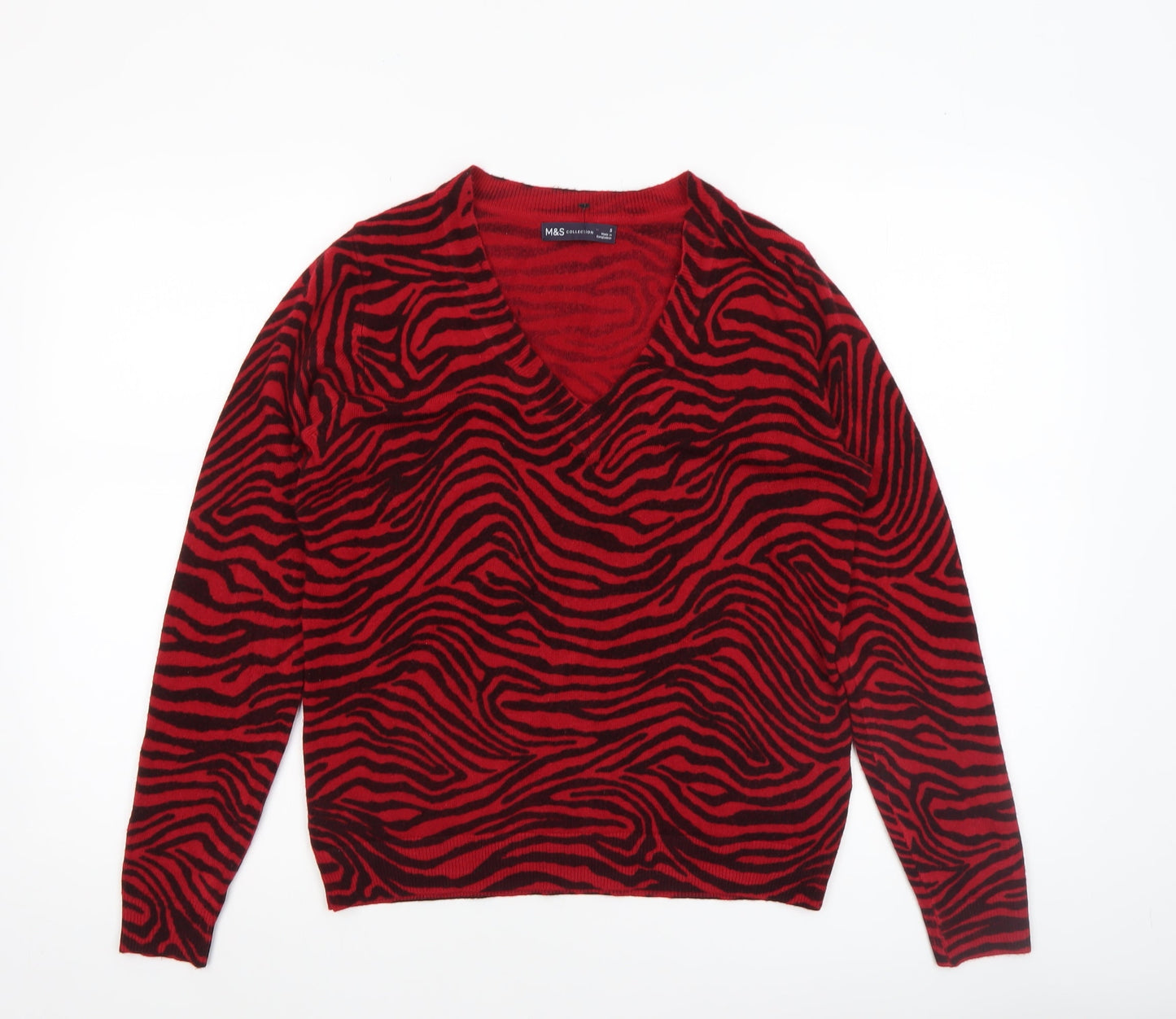 Marks and Spencer Women's Red Animal Print V-Neck Acrylic Jumper Size S